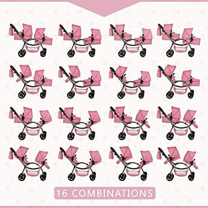 Roma Darcie Twin Dolls Pram in Pink with Adjustable Handle,Dolls Pushchair, Lightweight Dolls Double Buggy, Twin Pram for 3-16 Years, Fits 18 Inch Dolls, Ideal For Christmas, Birthdays and Reborns