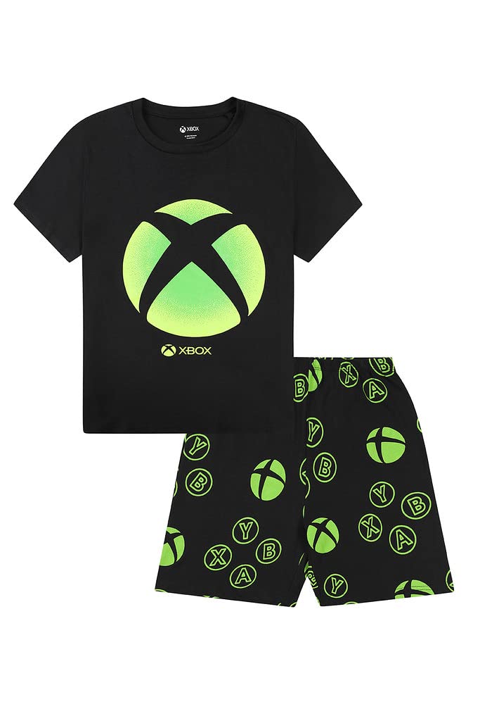 Xbox official men's and boys' black cotton gaming pyjama set with matching shorts, suitable for ages 6-7 years, casual sleepwear.
