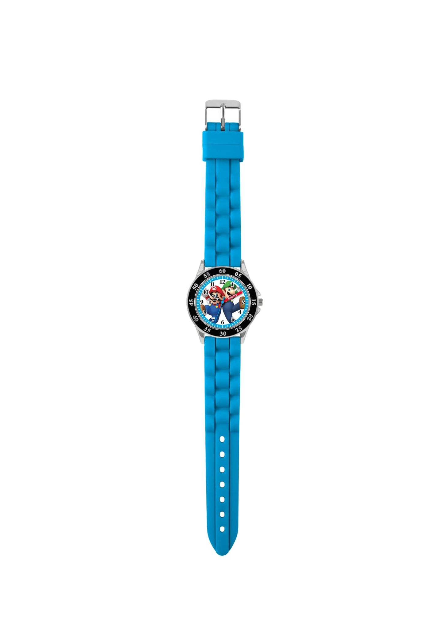 Super Mario Mario analog quartz watch with black silicone strap and round dial showing Mario character on the face.