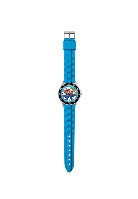Super Mario Mario analog quartz watch with black silicone strap and round dial showing Mario character on the face.