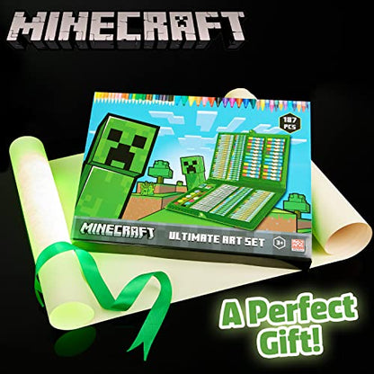 Minecraft Art Supplies for Kids Art Set for Boys Painting Creeper Crayons Paints Markers Oil Pastels Filled Art Case Colouring Sets for Children Travel Case