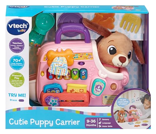 VTech Baby Cutie Puppy Carrier, Interactive Role-Play Toy with 6 Accessories, Light-up Buttons with Music, Sounds & Phrases, Gift for Babies 9, 18, 24 months +