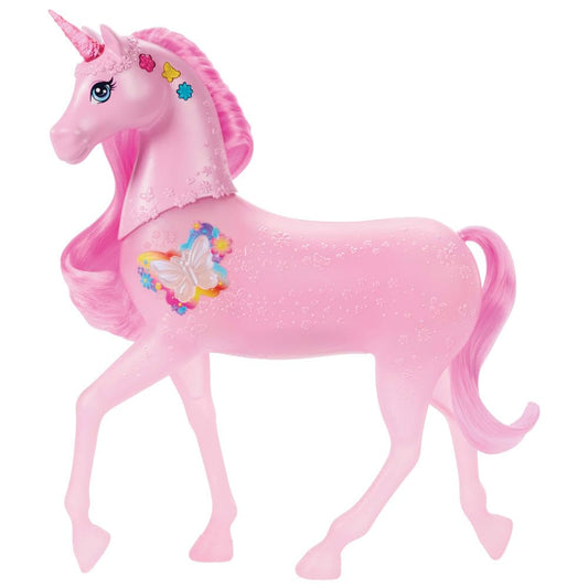 Barbie Sparkle Lights Unicorn toy with colorful lights, sounds, and music, featuring interactive buttons and a pettable head.