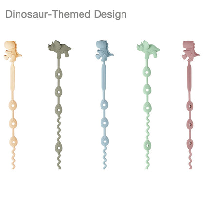 PandaEar silicone baby toy straps set with dinosaur design, adjustable pacifier and teether holder clips for bottles and strollers