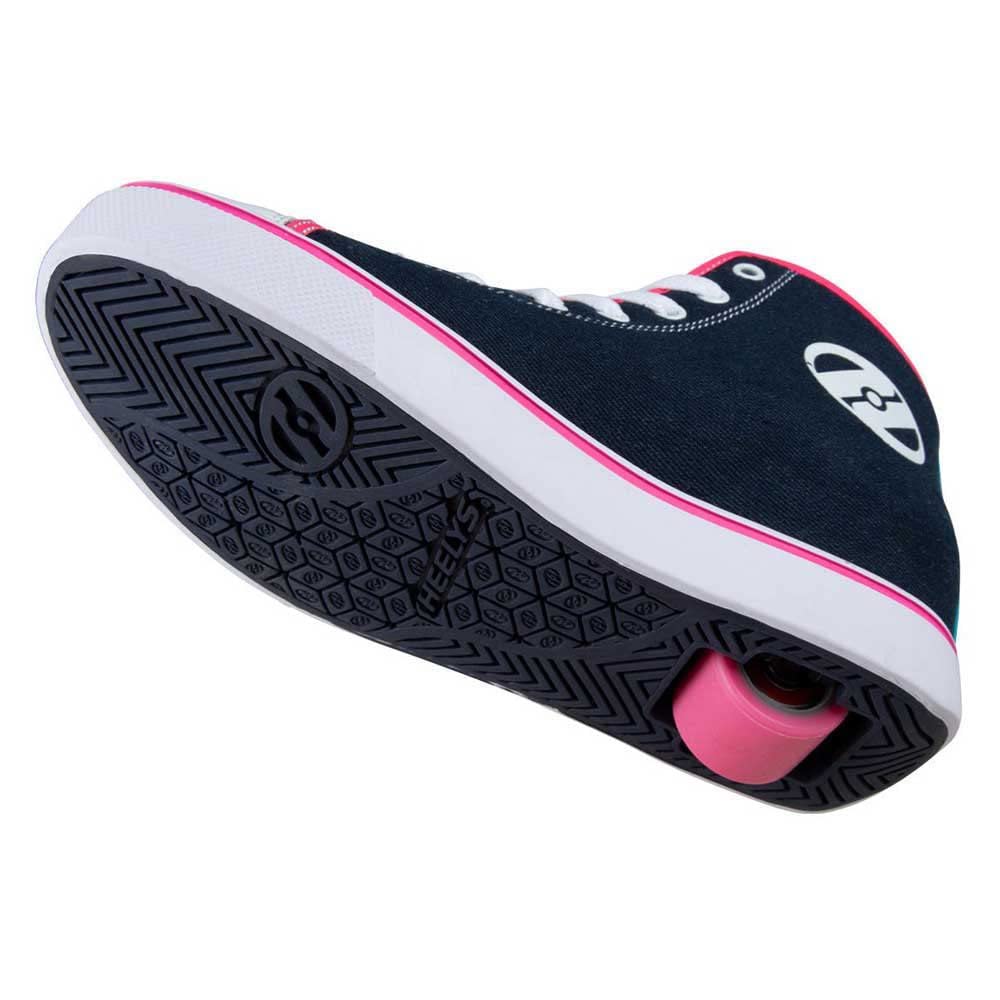 Heelys Girls Veloz Denim Rainbow sneaker with colorful rainbow accents and white rubber sole, size 1 UK.