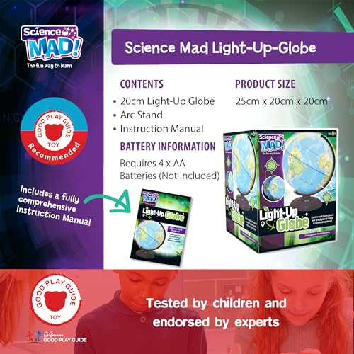 Science Mad light-up globe for kids showing Earth with day and night features, 20cm diameter, mounted on arc for educational fun.