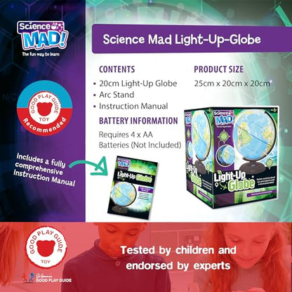 Science Mad light-up globe for kids showing Earth with day and night features, 20cm diameter, mounted on arc for educational fun.