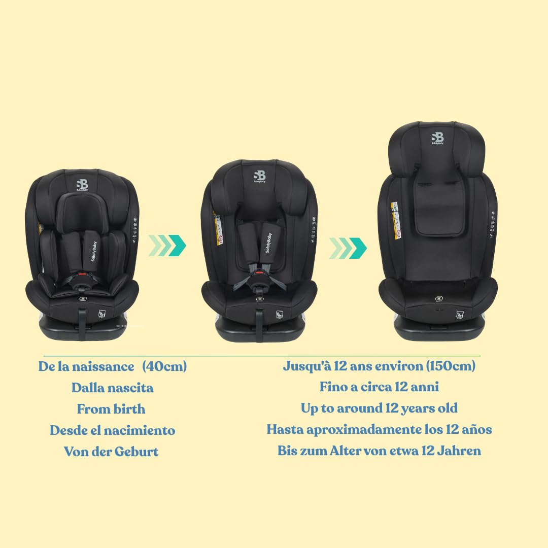 Safety Baby Xenon Isofix 360° Swivel Car Seat I-Size 40-150 cm Suitable from Birth to Approximately 12 Years Group 0-1-2-3 Isofix Fixings and Side Protectors