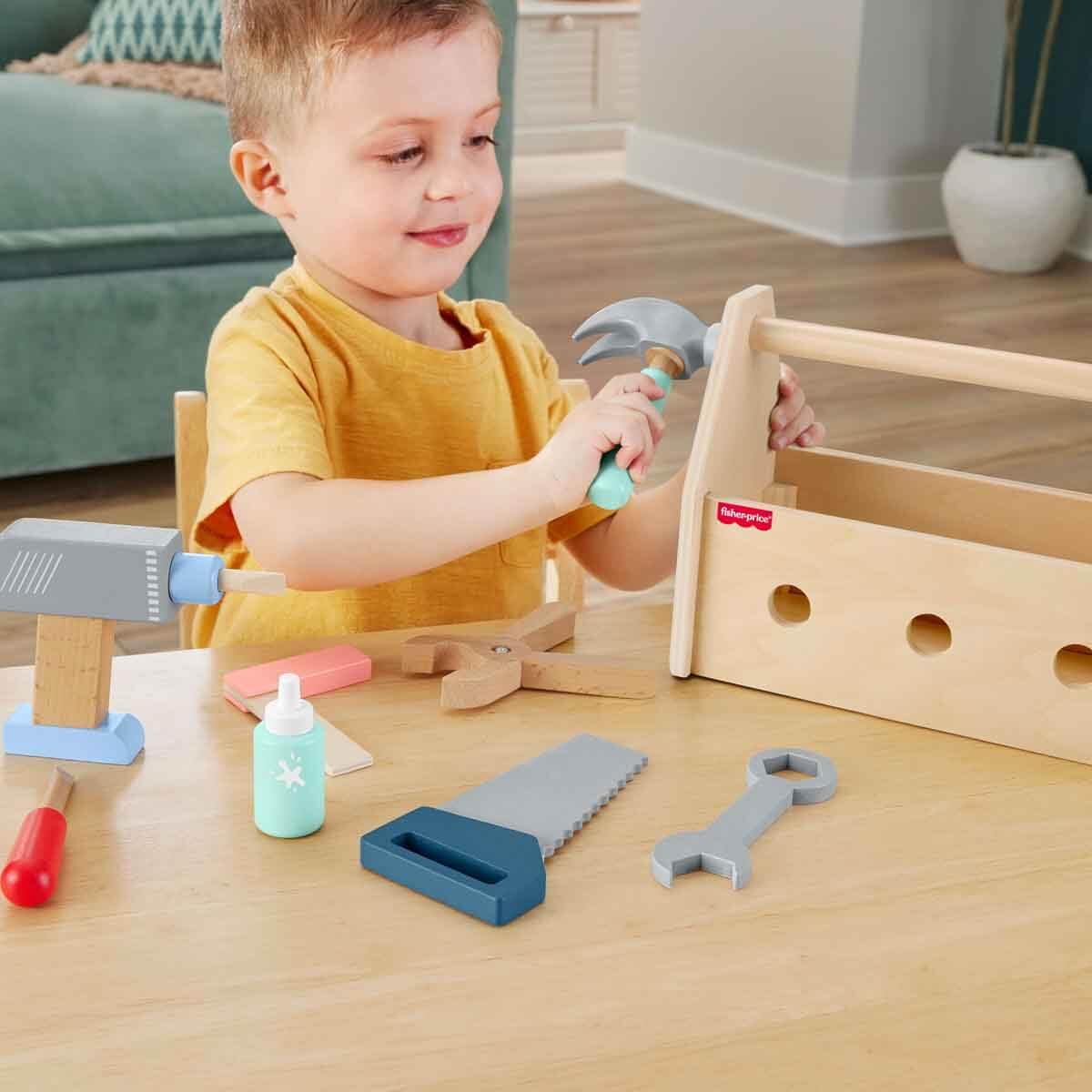 Fisher-Price wooden pretend play tool box with drill and building tools, 9-piece construction toy set for preschool kids ages 3+