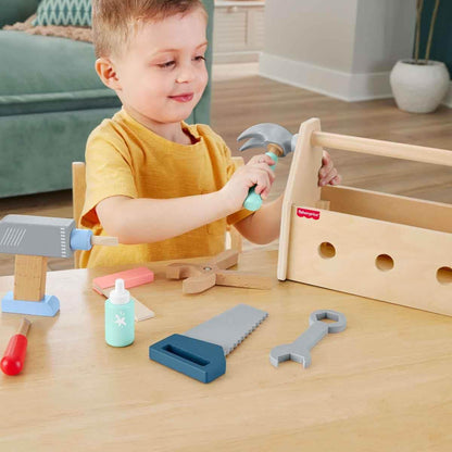 Fisher-Price wooden pretend play tool box with drill and building tools, 9-piece construction toy set for preschool kids ages 3+