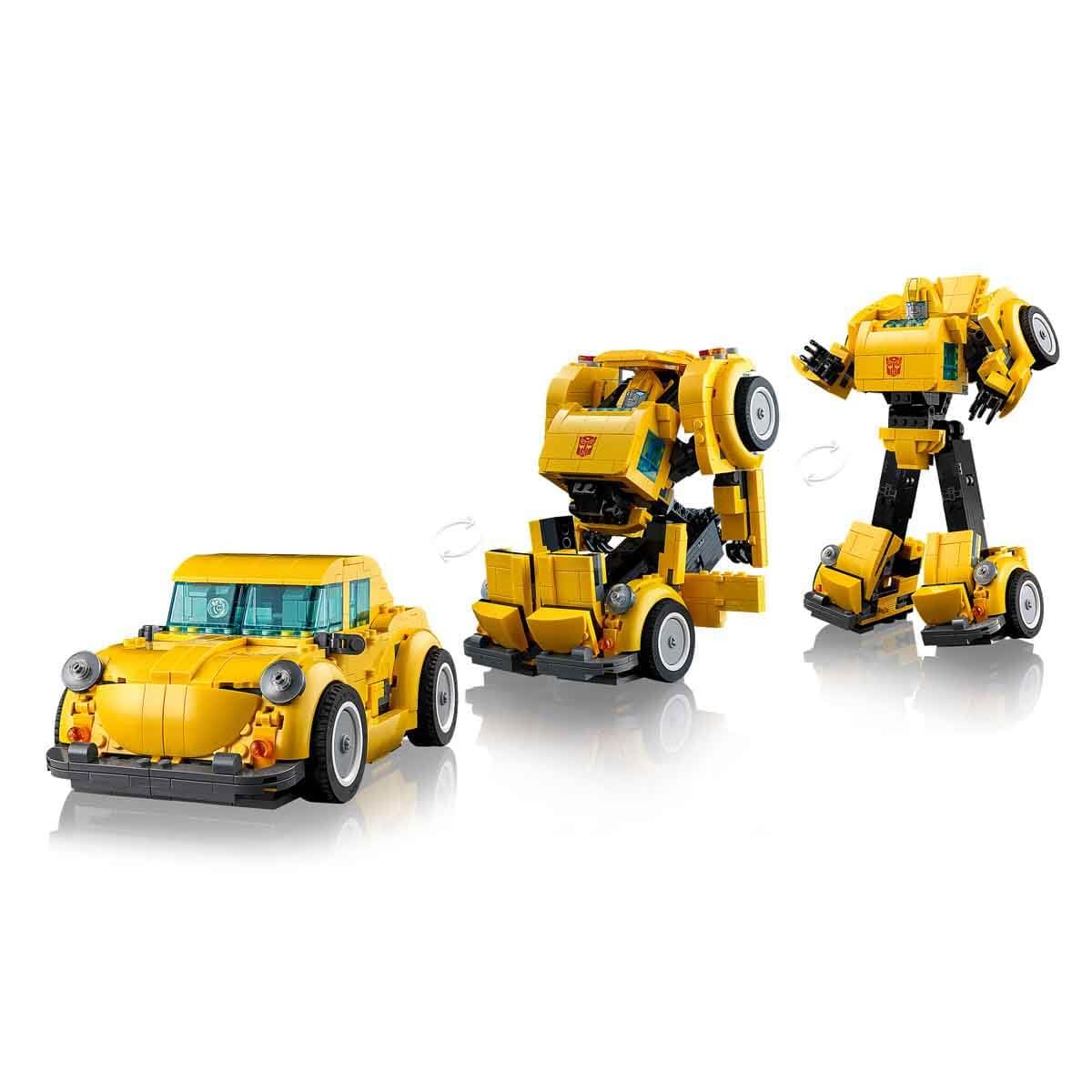 LEGO Icons Transformers Bumblebee action figure set, showcasing the robot model in vibrant yellow and black detail.