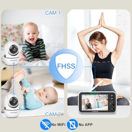 HelloBaby HB6550 baby monitor with camera, night vision, 5-inch display, 2-way talk, temperature, lullabies, and 1000ft range.
