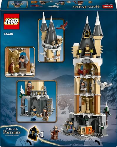 LEGO Harry Potter Hogwarts Castle Owlery set with minifigures and owl figures, showcasing detailed castle features.