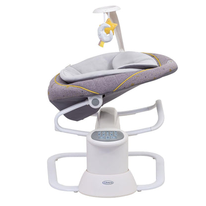 Graco All Ways Soother 2-in-1 baby swing and rocker with starry design, showing adjustable swing speed and vibration features for infants