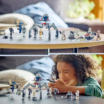 LEGO Star Wars Clone Trooper & Battle Droid Battle Pack with 4 minifigures, 5 droids, and a speeder bike.