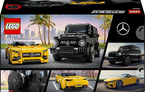 LEGO Speed Champions set featuring Mercedes-AMG G 63 and SL 63 cars with two driver minifigures for imaginative play.