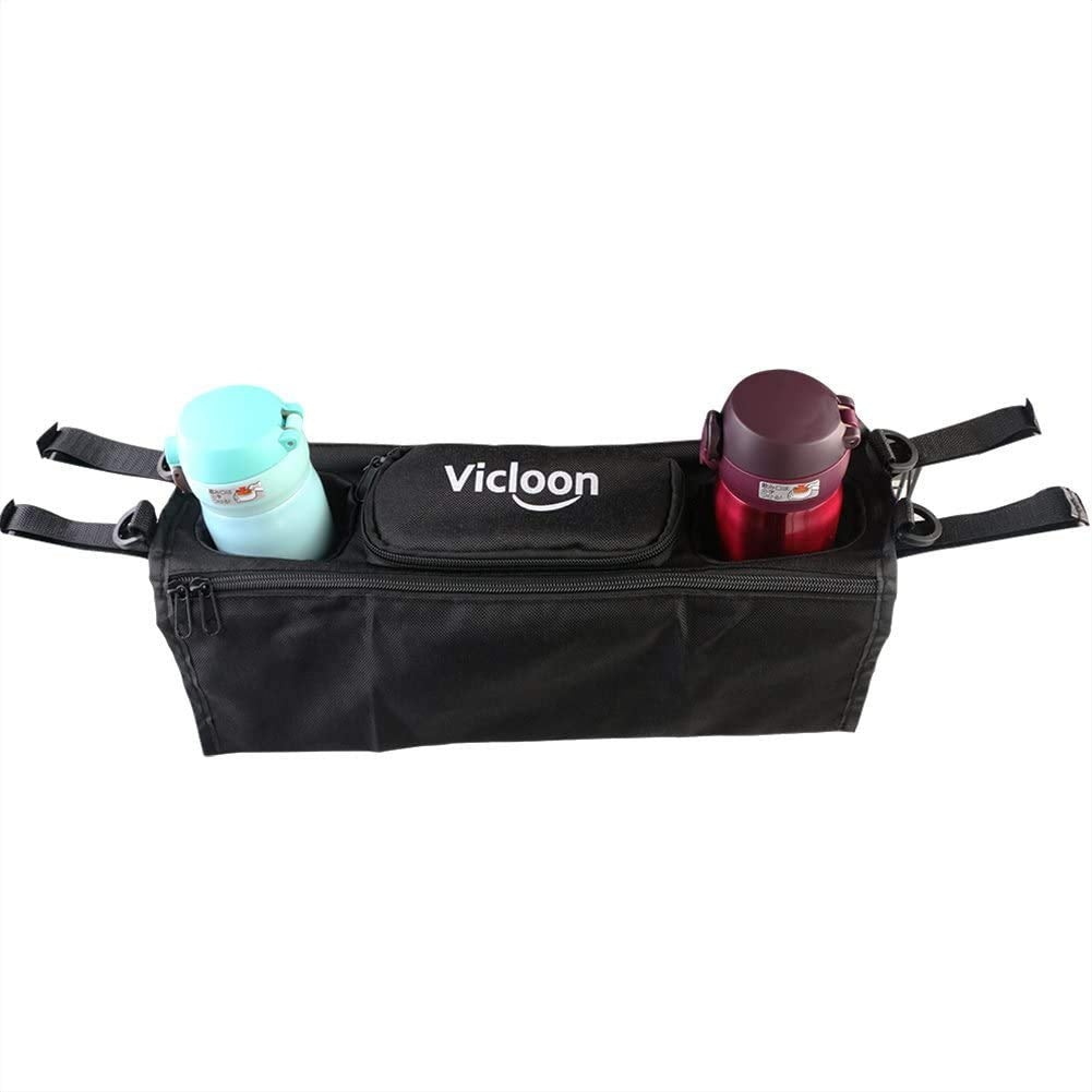Black Vicloon baby stroller organizer with zippered pocket, cup holder, and bottle pouch, made of durable Oxford fabric.