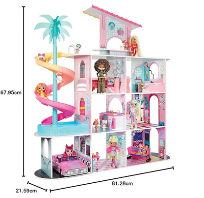L.O.L. Surprise! OMG Fashion House playset featuring a wooden dollhouse with pool, slide, patio, and transforming furniture.