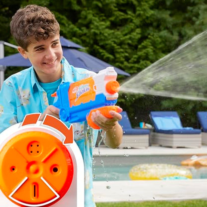 Nerf Super Soaker Flip Fill water blaster in multicolor, garden water toy with 887ml capacity for outdoor fun.