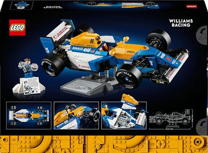 LEGO Icons FW14B F1 car model set with Nigel Mansell minifigure and trophy on a display stand.
