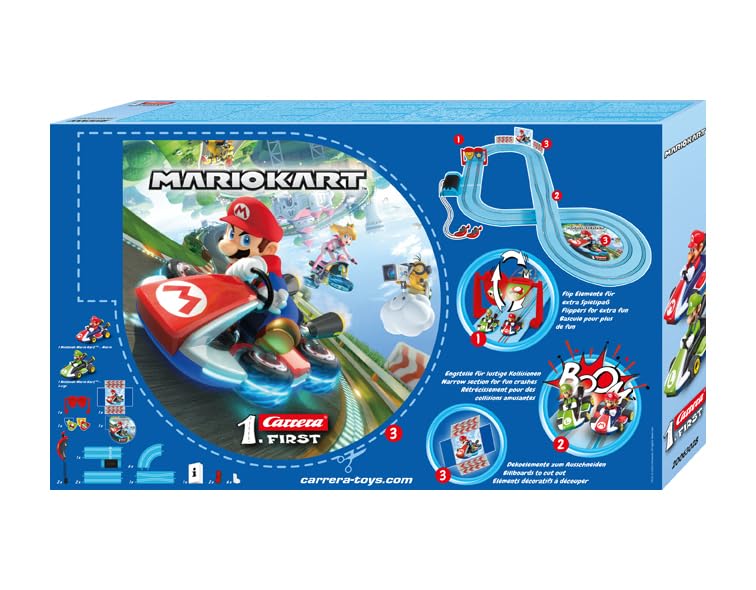 Carrera FIRST Nintendo Mario Kart slot car racing set with flip elements, 2.9 meters long, suitable for children 3 years and older.