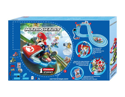 Carrera FIRST Nintendo Mario Kart slot car racing set with flip elements, 2.9 meters long, suitable for children 3 years and older.