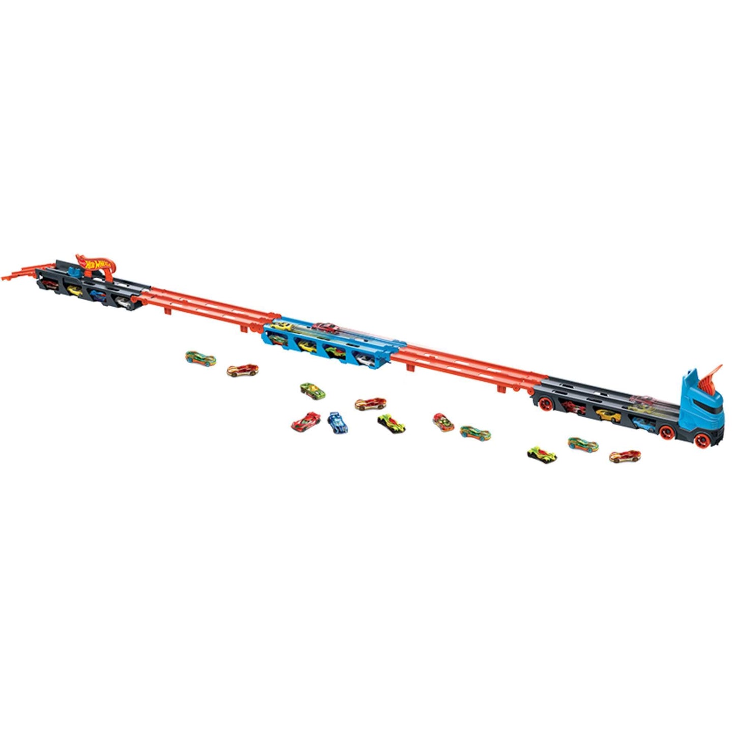 Hot Wheels Speedway Hauler Carrier with 3 cars and 6-foot drag race track for kids, featuring storage for 20+ cars.
