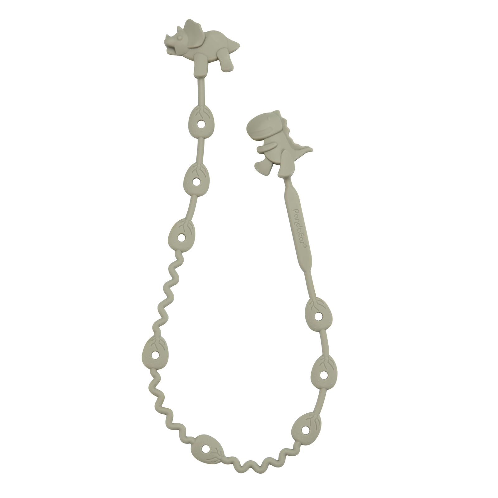 PandaEar silicone baby toy straps in a 5-pack, adjustable dinosaur pacifier clips for bottles, strollers, and high chairs.