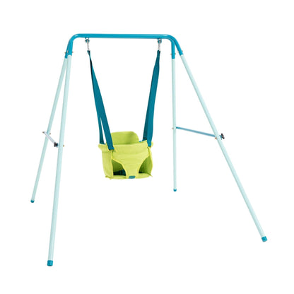 TP Toys foldaway baby swing with powder-coated metal frame, non-slip feet, suitable for indoor or outdoor use, ideal for babies 6 months+