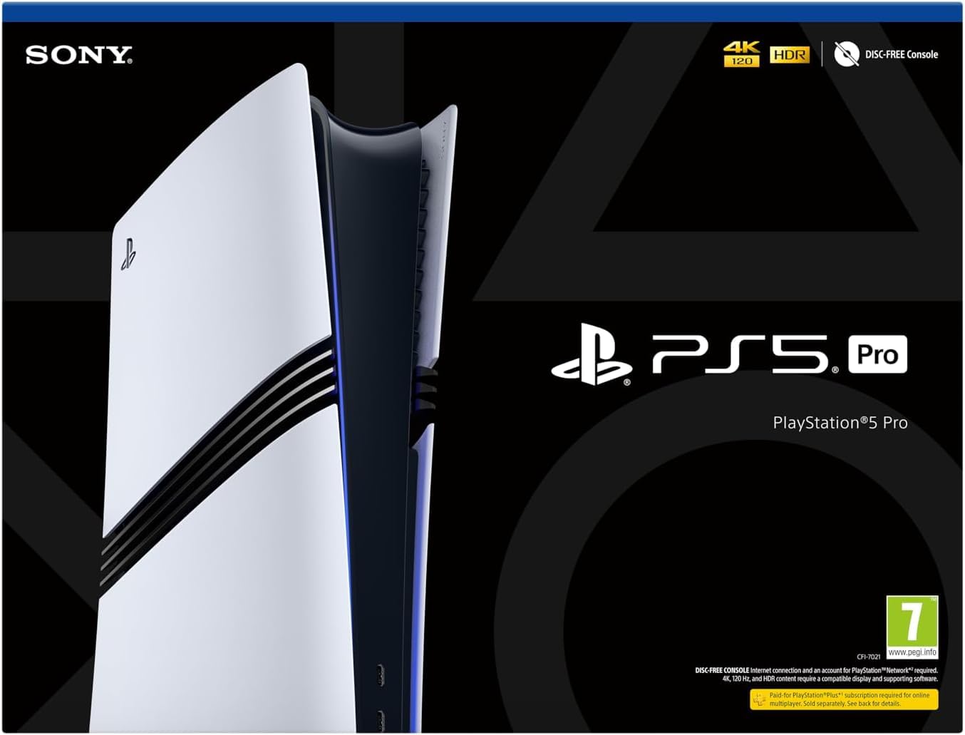 PlayStation 5 Pro gaming console with sleek black design and digital disc drive, front view showing console details.
