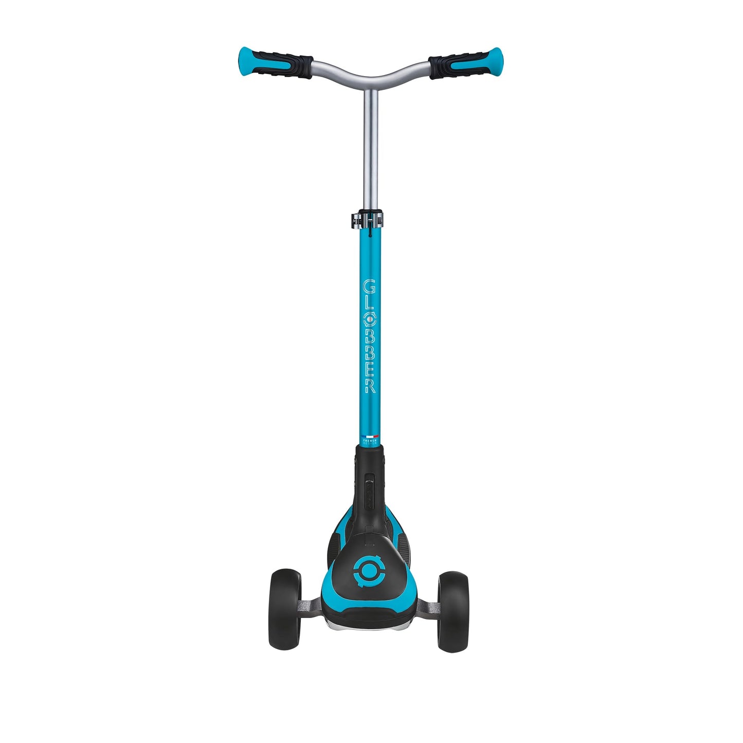 Globber Ultimum 3 Wheel Scooter in aqua with adjustable height, wide deck, and patented steering system for kids and adults.