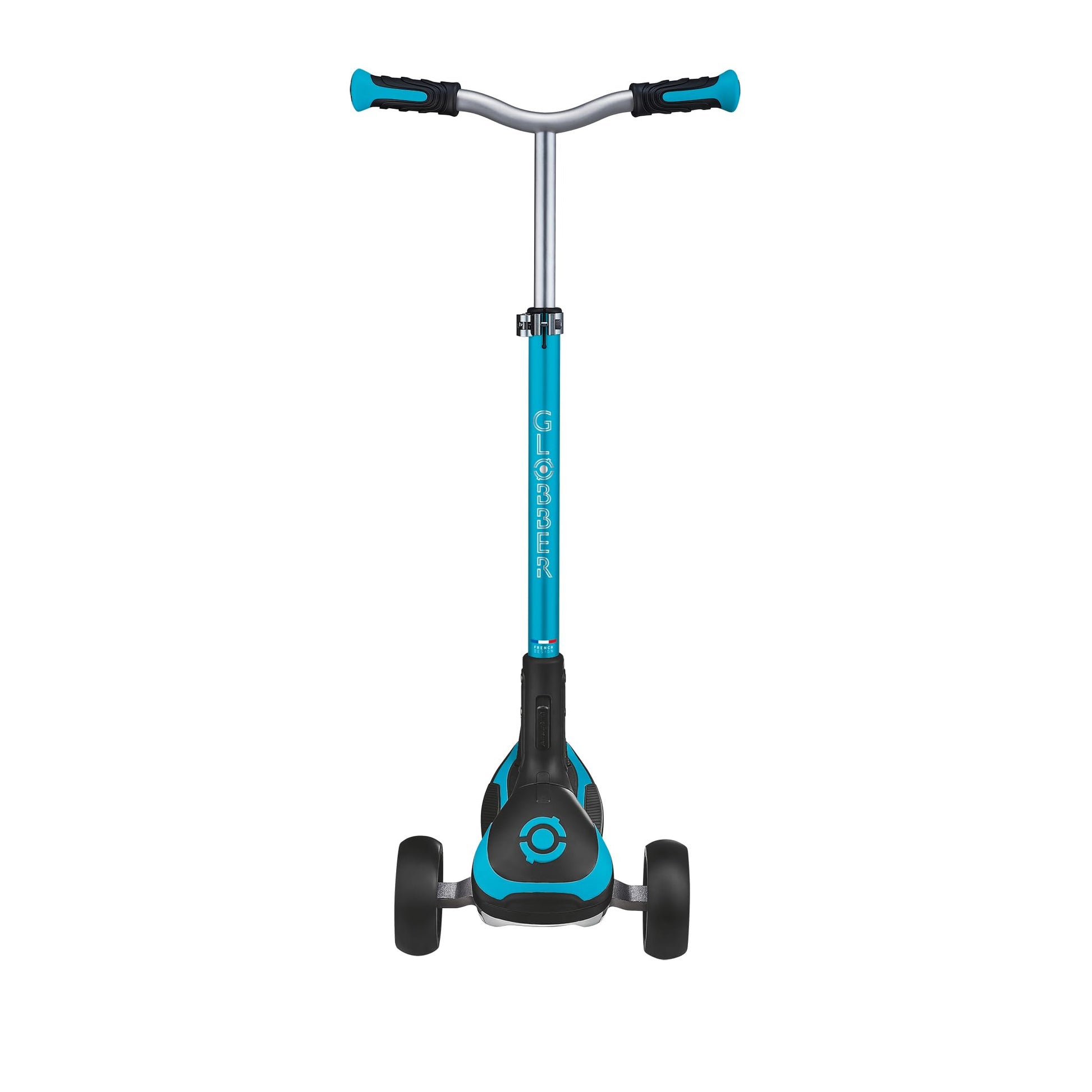 Globber Ultimum 3 Wheel Scooter in aqua with adjustable height, wide deck, and patented steering system for kids and adults.