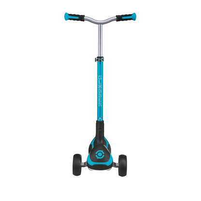 Globber Ultimum 3 Wheel Scooter in aqua with adjustable height, wide deck, and patented steering system for kids and adults.