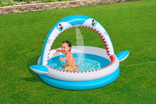 Bestway Shark Kids Inflatable Sprinkler Play Pool with vibrant shark design, measuring 1.63m x 1.27m x 92cm.