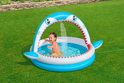 Bestway Shark Kids Inflatable Sprinkler Play Pool with vibrant shark design, measuring 1.63m x 1.27m x 92cm.