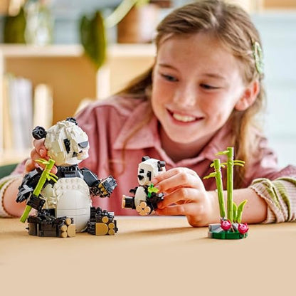 LEGO Creator 3in1 Wild Animals set featuring a panda family, penguin figures, and an orca whale toy.