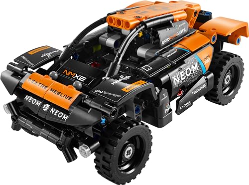 LEGO Technic NEOM McLaren Extreme E race car toy set with pull-back feature for kids aged 7 and up, showcasing vibrant design.