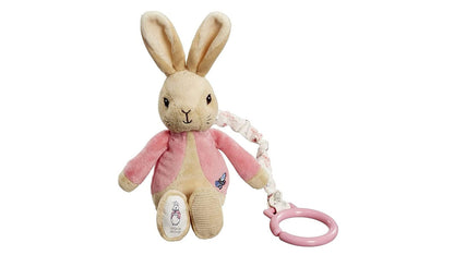 Pink Beatrix Potter Flopsy Jiggle Attachable Peter Rabbit pram toy by Rainbow Designs, featuring a soft plush Peter Rabbit figure.