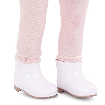 Pink faux-fur coat outfit for 18-inch dolls, part of Our Generation fashion accessories for pretend play.