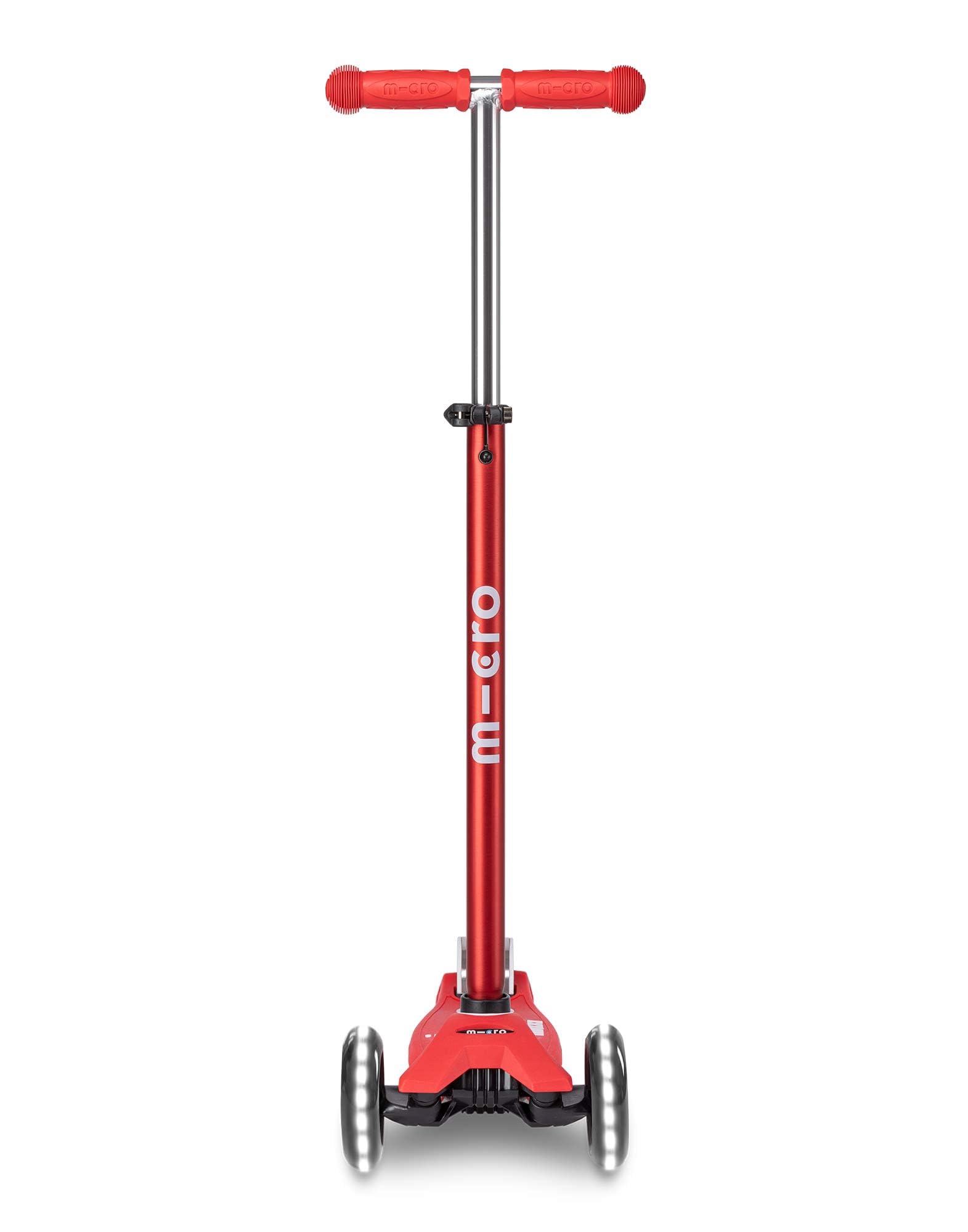 Red Maxi Micro LED Deluxe children's scooter with big wheels and adjustable handlebar for ages 5-12 years.