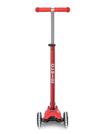Red Maxi Micro LED Deluxe children's scooter with big wheels and adjustable handlebar for ages 5-12 years.