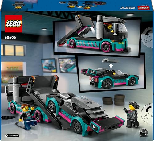 LEGO City race car and car carrier truck set with adjustable ramp, includes racer and driver minifigures for kids.