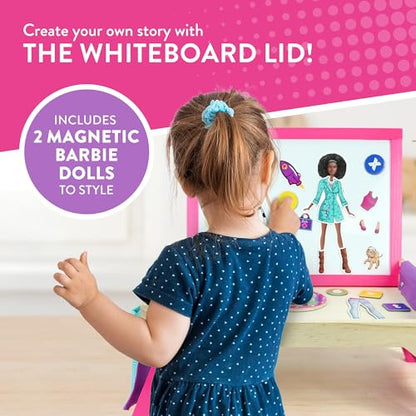 Barbie 2-in-1 magnetic whiteboard and lap tray for kids, featuring colorful educational design and writing surface for ages 3+.