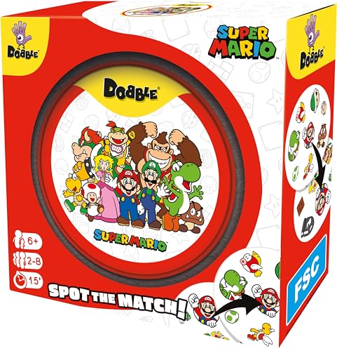 Asmodee Dobble Super Mario family card game with colorful Mario-themed cards for ages 6+ and 2-8 players.