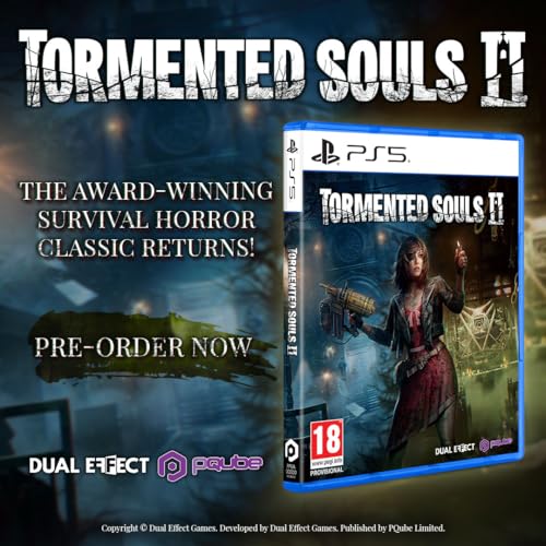 PlayStation 5 game case for Tormented Souls 2 by PQube, featuring dark horror-themed artwork and game title.