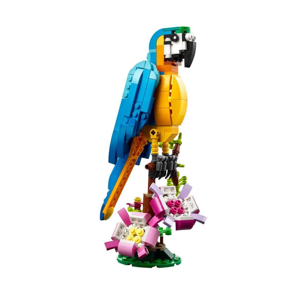 LEGO Creator 3 in 1 Exotic Parrot, Frog, and Fish animal figures in vibrant colors, designed for creative play.