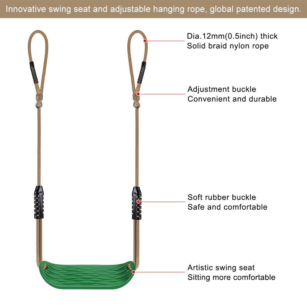 BeneLabel kids swing seat made of hard plastic, green water ripple design, with adjustable rope for indoor or outdoor use.