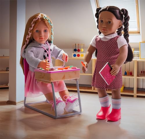 Our Generation Flying Colours Set featuring a school desk and classroom supplies for 18-inch dolls, 46-piece playset.