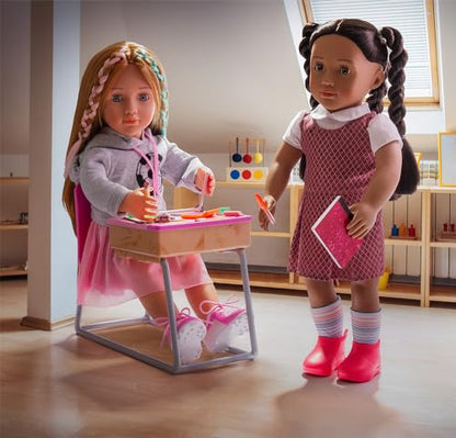 Our Generation Flying Colours Set featuring a school desk and classroom supplies for 18-inch dolls, 46-piece playset.