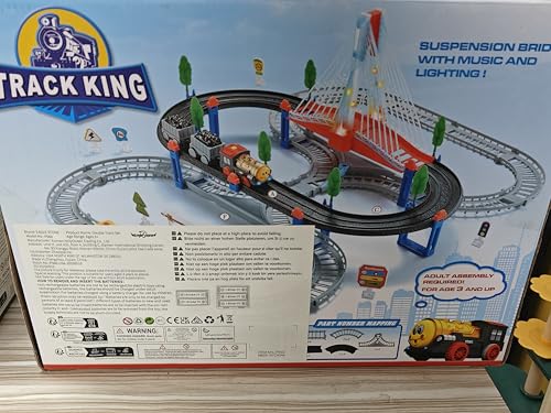 EagleStone electric train set for kids with double layer tracks, illuminated bridge, signs, and accessories for imaginative railway play.